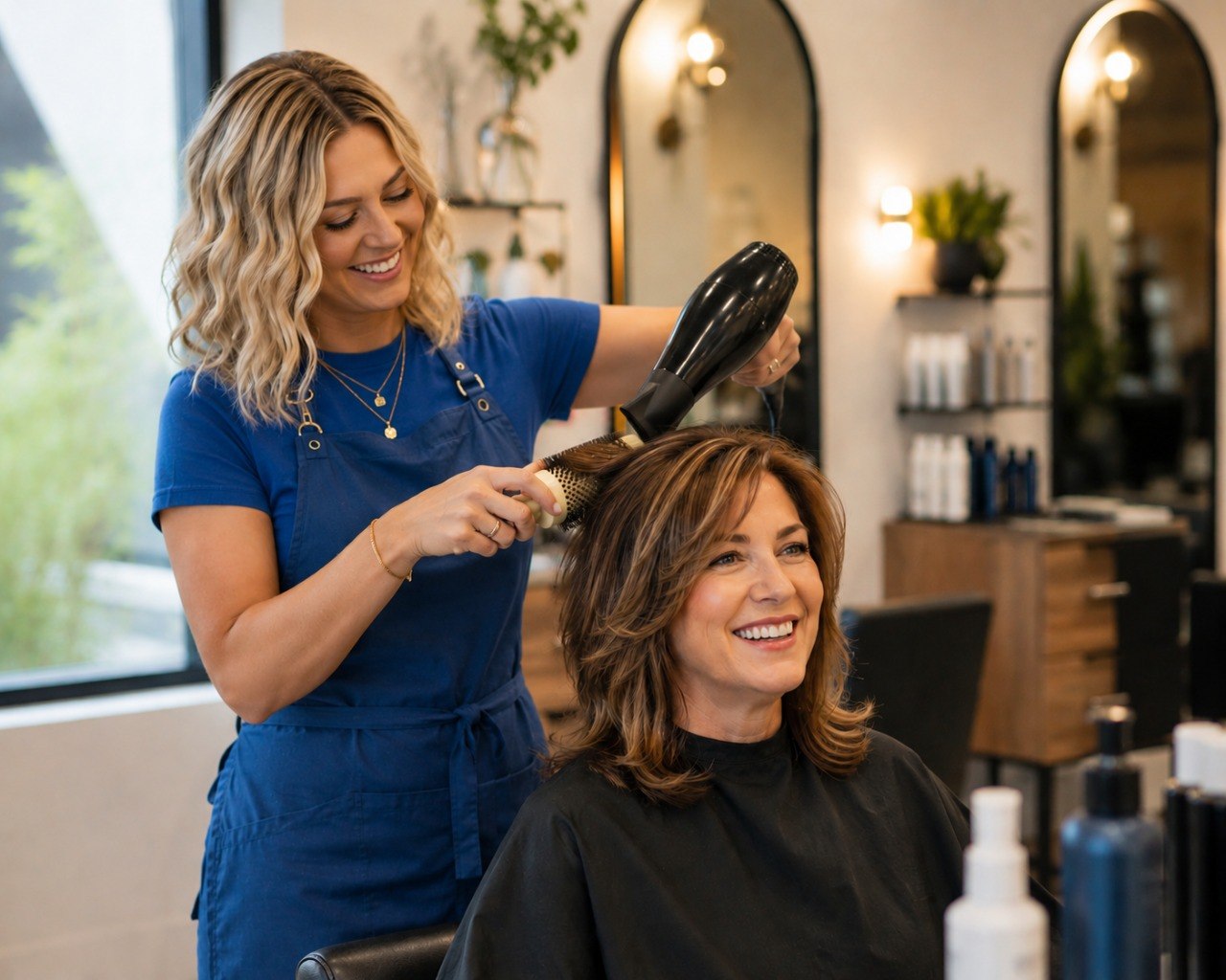 A stylist blow drying a guest's hair in the salon